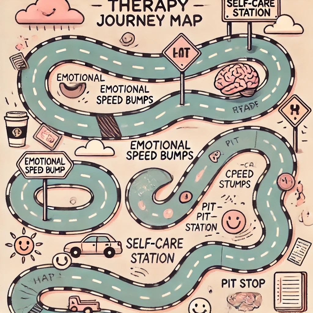 Whimsical therapy journey map with a winding road and playful annotations showing therapy stages.